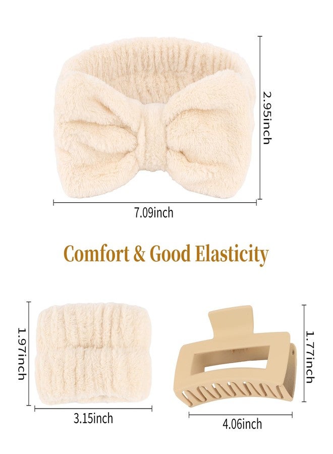 AMCAMI Spa Makeup Headband Set, Beige Fuzzy Bow Skincare Face Wash Headband Hair Accessories,Non-Slip Hair Claw Soft Wristbands for Women Daily - Image 2